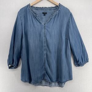 TALBOTS Top 2X Plus Chambray Ruffle V-Neck Tunic 3/4 Sleeve Tencel Wash Blue